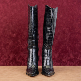 Franco Sarto Women Pointed Toe Croc Print Black Leather fashion Knee Boots 8.5