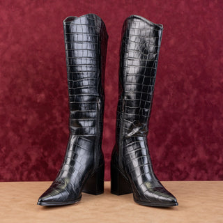 Franco Sarto Women Pointed Toe Croc Print Black Leather fashion Knee Boots 8.5