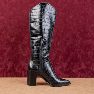 Franco Sarto Women Pointed Toe Croc Print Black Leather fashion Knee Boots 8.5