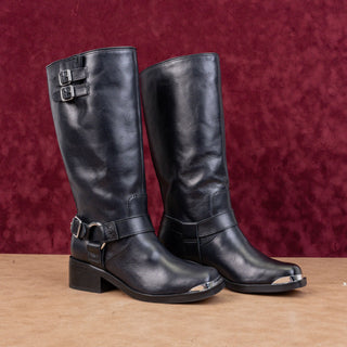 Dolce Vita Women Evi Black Leather Moto Biker Metal Harness Boots sz 6
