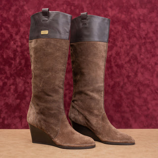Salvatore Ferragamo Women Brown Leather Suede Riding Wedge Fashion Boots sz 10