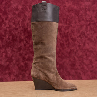 Salvatore Ferragamo Women Brown Leather Suede Riding Wedge Fashion Boots sz 10