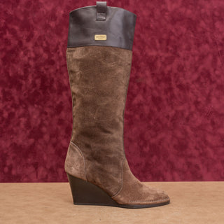 Salvatore Ferragamo Women Brown Leather Suede Riding Wedge Fashion Boots sz 10