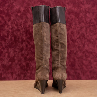 Salvatore Ferragamo Women Brown Leather Suede Riding Wedge Fashion Boots sz 10