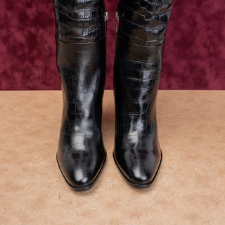 Marc Fisher Women Black Leather Croc Embossed Western Heel Fashion Boots sz 8.5