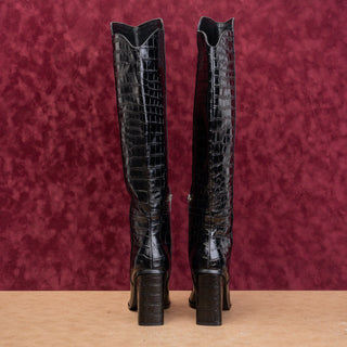 Marc Fisher Women Black Leather Croc Embossed Western Heel Fashion Boots sz 8.5