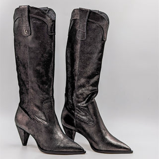 Larroude Women Louise Cowgirl Glitter Shine Graphite Western Boots size 6.5