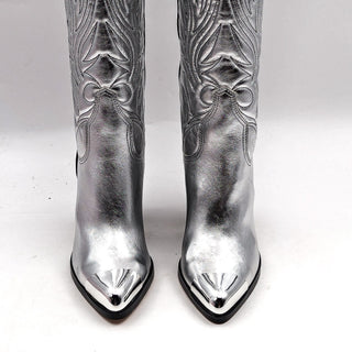 Katy Perry Women Zaina Cowboy Western Silver Metallic Vegan Leather Boots sz 7.5