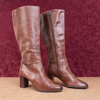 Born Women Ellendel Brown Leather Vintage Retro Strap Zip Tall Knee Boots sz 10