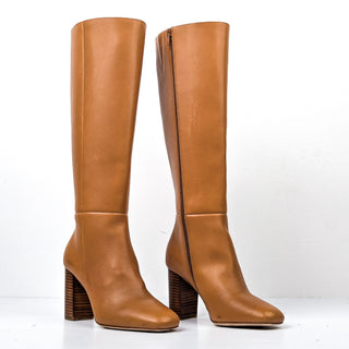 PAIGE Women Keeley Cognac Leather Retro 60s Stack Heel Knee Boots sz 7.5