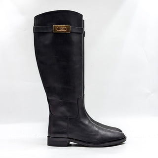 Tory Burch Women T Hardware Equestrian Riding Tall Black Leather Boots size 7