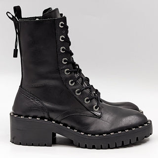 Zara Wmn Black Leather Studded Round Lace-up Combat Boots 6US EUR 36