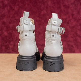 Stuart Weitzman Women White Leather Maverick Fashion Cutout Platform Boots sz 8