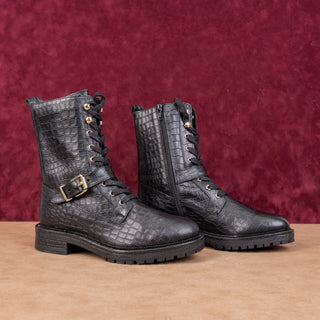 Vince Camuto Wmn Croc Print Black Leather lace-up Zip Combat Boots 7US EUR37