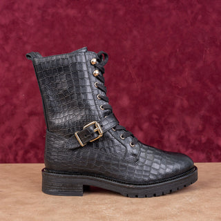 Vince Camuto Wmn Croc Print Black Leather lace-up Zip Combat Boots 7US EUR37