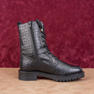 Vince Camuto Wmn Croc Print Black Leather lace-up Zip Combat Boots 7US EUR37