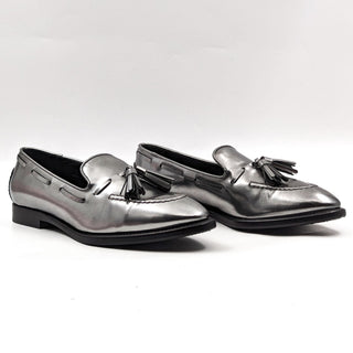 TOD's Women Tassel Accent Silver Metallic Patent Leather Loafers size 8US EUR 38.5