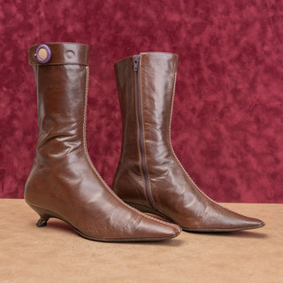 Miu Miu Wmn Brown Leather Vintage Y2K Granny Kitten Heel Boots 7US EUR37.5