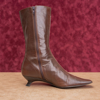 Miu Miu Wmn Brown Leather Vintage Y2K Granny Kitten Heel Boots 7US EUR37.5