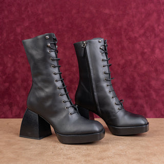 Nodaleto Wmn Granny Lace Up Black Leather Platform Fashion Ankle Boots 7US EUR37