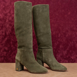Tory Burch Women Brooke Slouch Slip-on Green Suede Block heel Knee Boots sz 7