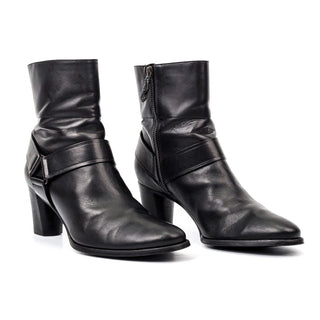 Cole Haan Women Black Leather Harness Heel Zip Vintage 90s Retro Boots sz 9.5