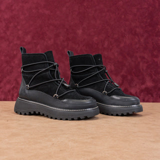 Lucky Brand Women Caelia Black Leather Drawcord Lace Winter Platform Boots sz 6