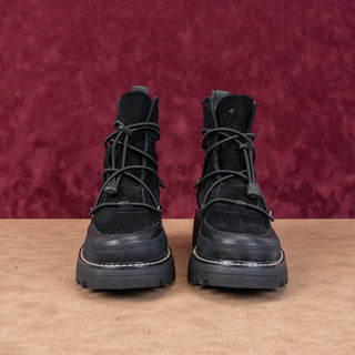 Lucky Brand Women Caelia Black Leather Drawcord Lace Winter Platform Boots sz 6