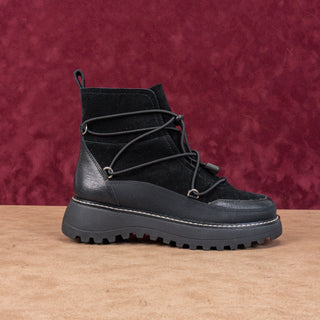 Lucky Brand Women Caelia Black Leather Drawcord Lace Winter Platform Boots sz 6