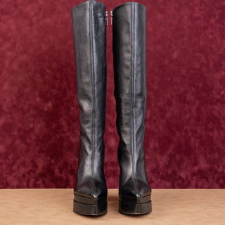 Schutz Women Elysse Platform Pointy Toe High Heel Black Leather Boots Size 8