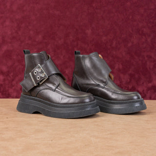 Ganni Creeper Monk Strap Dark Brown Leather Platform Ankle Boots 6.5US EUR37