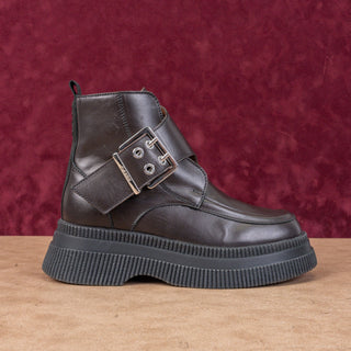 Ganni Creeper Monk Strap Dark Brown Leather Platform Ankle Boots 6.5US EUR37