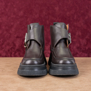 Ganni Creeper Monk Strap Dark Brown Leather Platform Ankle Boots 6.5US EUR37