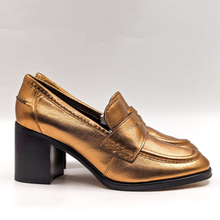 Veronica Beard Women Penny Leather Gold Metallic Heel Loafers size 8