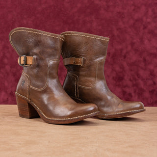 Frye Women Carmel dark brown Leather Strap Western Cowboy Ankle Boots sz 6.5