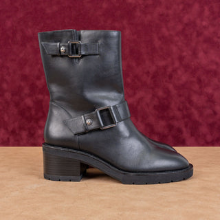 Stuart Weitzman Women Boulevard Black Leather Moto Buckle Mid Calf Boots sz 9