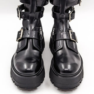 Alexander McQueen Wmn Rave Black Leather Buckle Festival Platform Boots 7US 37EUR