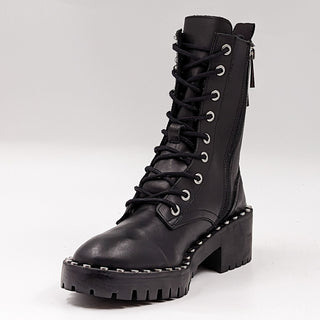 Zara Wmn Black Leather Studded Round Lace-up Combat Boots 6US EUR 36