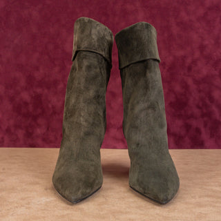 Saint Laurent Niki 85mm Green Suede Logo Heel Ankle Fold Boots 6.5US EUR37