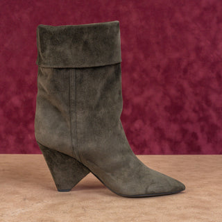Saint Laurent Niki 85mm Green Suede Logo Heel Ankle Fold Boots 6.5US EUR37