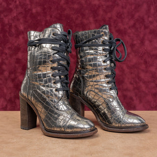 UGG Collection Women Piera Silver Croc Print Lace-up Heel Combat Boots sz 7