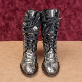 UGG Collection Women Piera Silver Croc Print Lace-up Heel Combat Boots sz 7