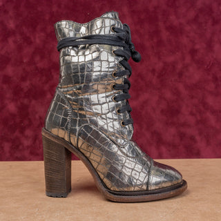 UGG Collection Women Piera Silver Croc Print Lace-up Heel Combat Boots sz 7