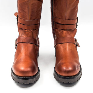 Miz Mooz Wmn Peri Brown Leather Strap Elastic Moto Biker Boots 10-10.5US EUR 41