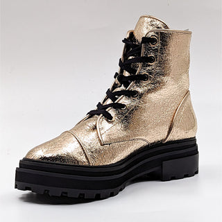 Schutz Maylova Women Platform Gold Metallic Lug Sole Lace-up Combat Boots sz 9.5