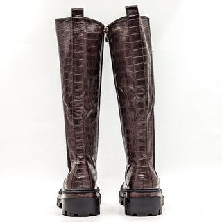 Torgeis NY Women Brown Croc Vegan Leather Stretch Elastic Panel Knee Boots sz 6.5