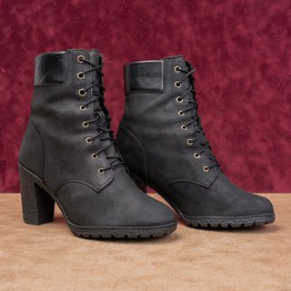 Timberland Women Glancy Lace-up Black Leather Heel Combat Boots sz 8