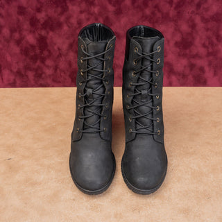 Timberland Women Glancy Lace-up Black Leather Heel Combat Boots sz 8