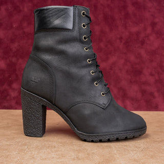 Timberland Women Glancy Lace-up Black Leather Heel Combat Boots sz 8