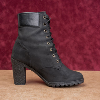 Timberland Women Glancy Lace-up Black Leather Heel Combat Boots sz 8